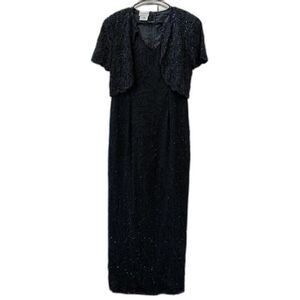 Stenay Women 10 Black Beaded Silk Formal Dress Vintage Attached Jacket Lined Zip